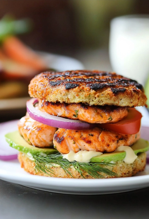 Grilled Salmon Burgers with Creamy Lemon Garlic Aioli